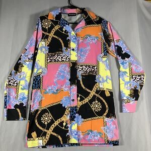 PrettyLittleThing Shirt Womens 4 Multicolor Baroque Chain Print Button Down